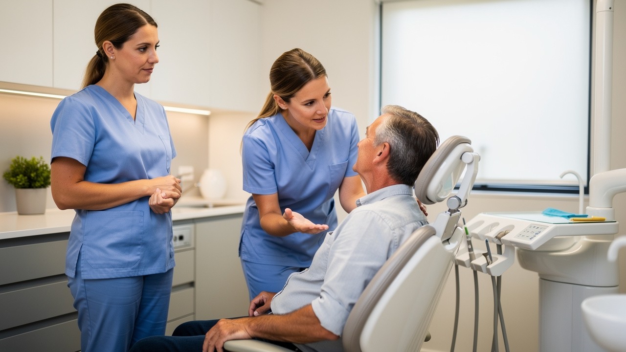 Friendly dentist reassuring nervous patient in modern dental clinic