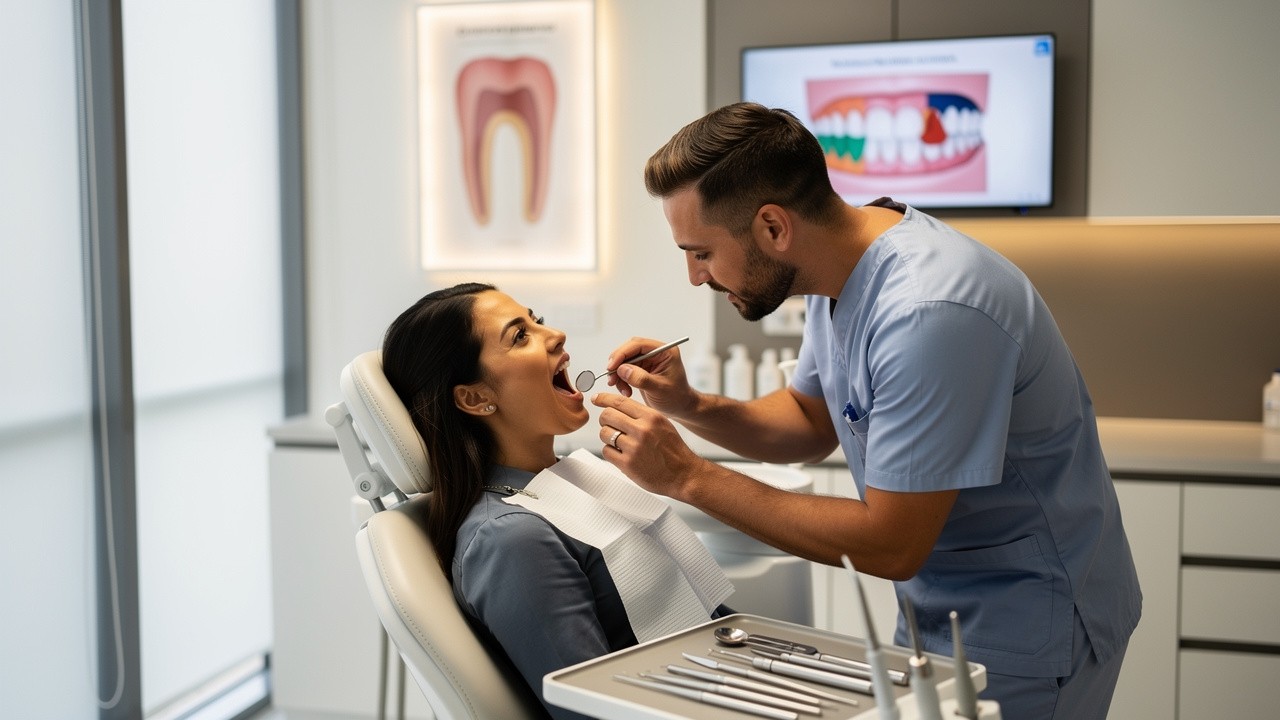 Dentist examining patient for bleeding gums in modern clinic