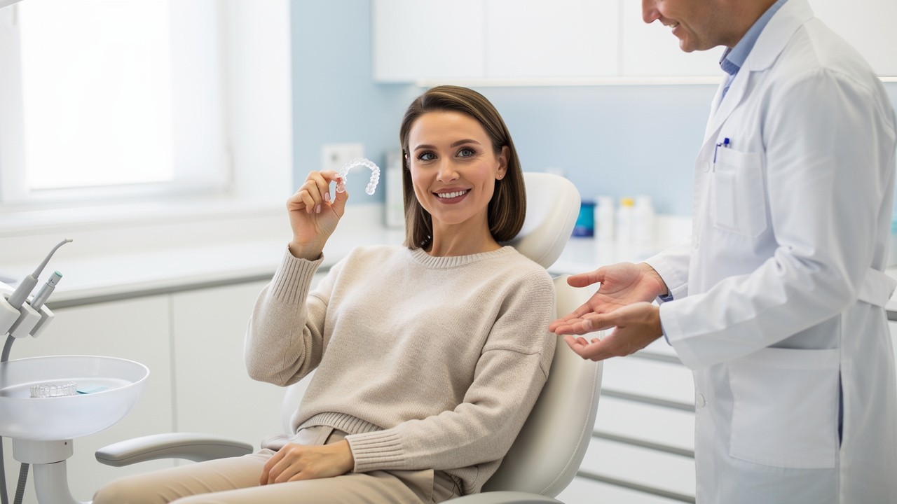 Adult patient holding clear Invisalign aligner in dental clinic