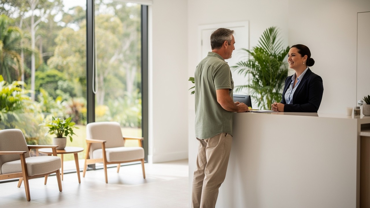 Friendly patient greeted at modern Sunshine Coast dental clinic