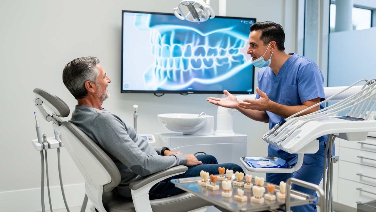 Patient consulting dentist about worn teeth restoration in clinic