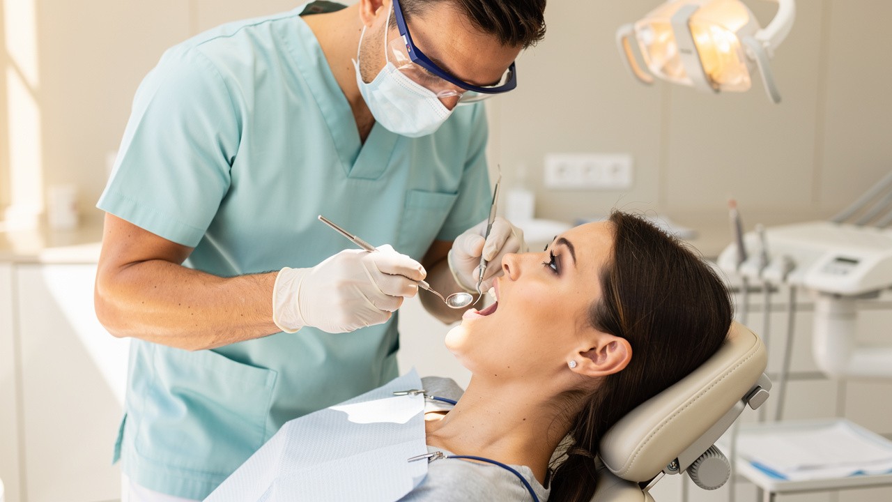 Adult patient receiving gentle routine dental check-up and cleaning