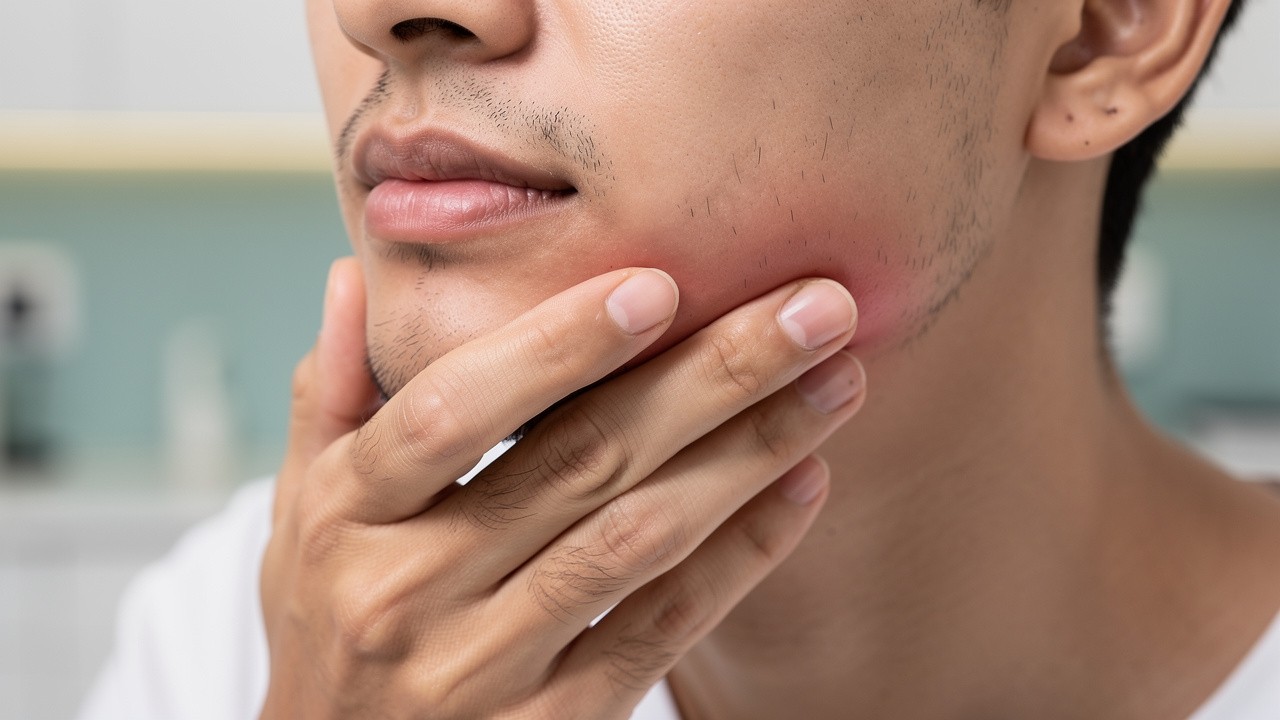 Person holding jaw showing wisdom tooth pain symptoms
