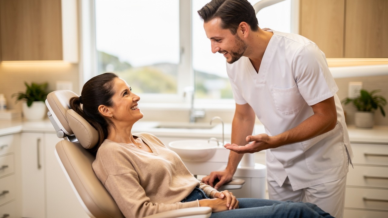 Smiling patient consulting dentist in modern dental clinic