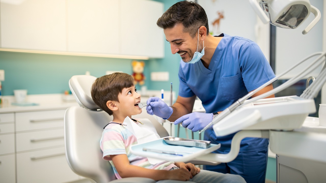 Young child sitting in dental chair during checkup