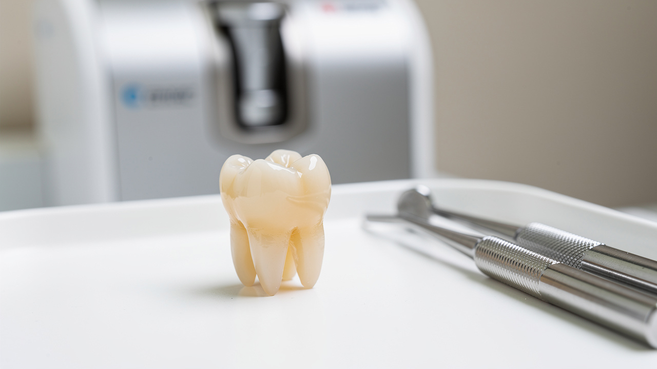 Freshly milled ceramic dental crown on clinic tray
