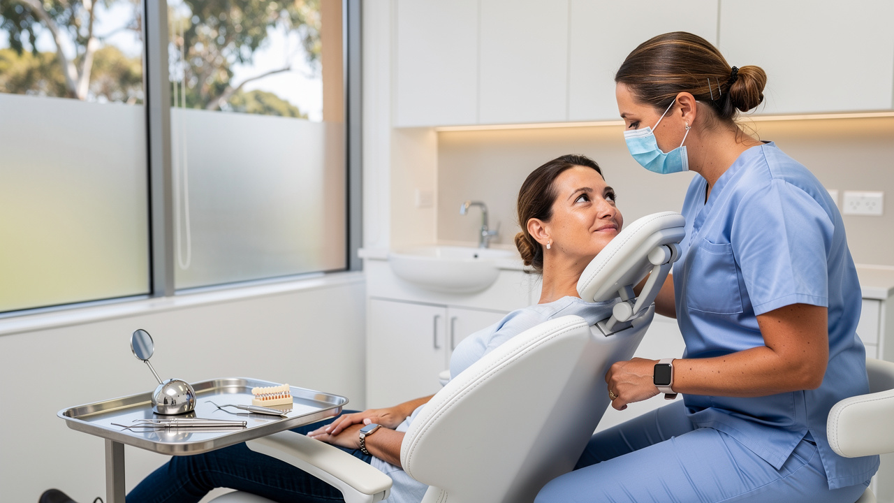 Patient and dentist discussing amalgam filling replacement in clinic