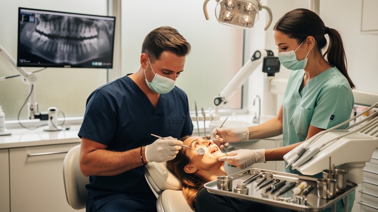 Professional dentist providing urgent emergency dental care to patient
