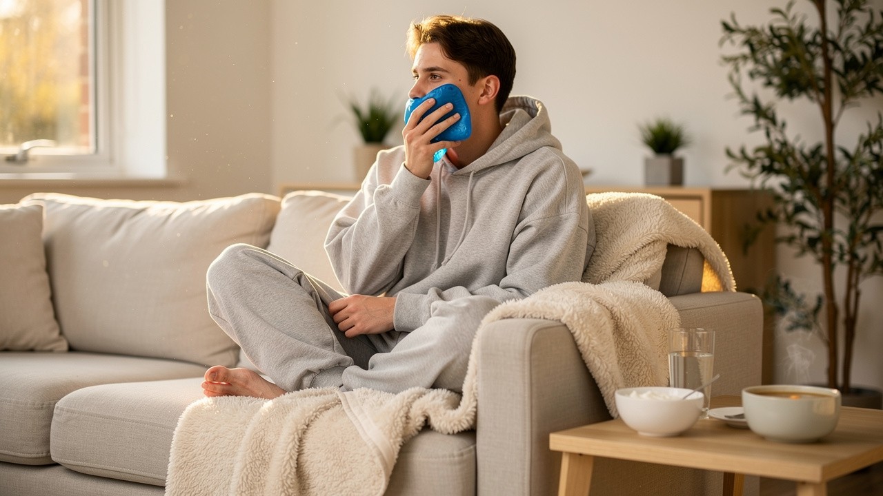 Young adult recovering comfortably at home after wisdom teeth removal