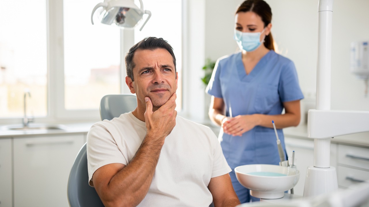 Adult patient experiencing tooth discomfort in modern dental clinic