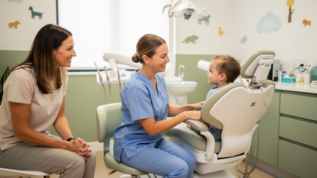 Friendly dentist with young child at dental clinic