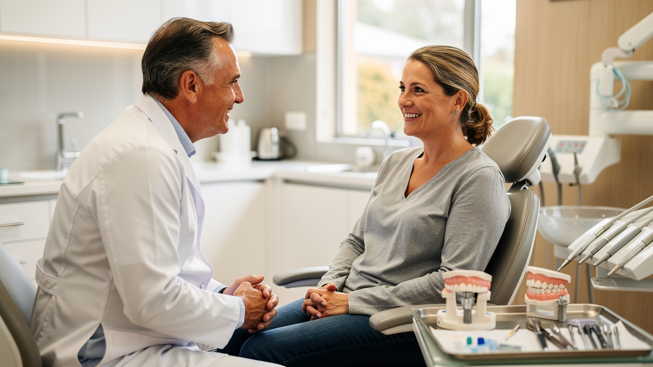 Patient and dentist discussing tooth replacement options in clinic