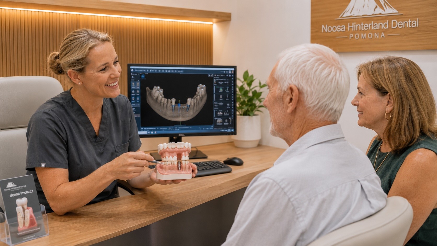 Senior woman smiling with dental implants at Noosa Hinterland Dental