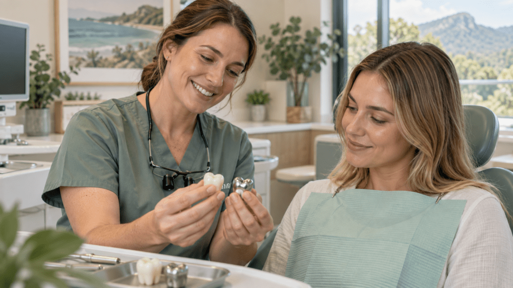 Dentist comparing composite and amalgam fillings with a patient in a Pomona dental clinic