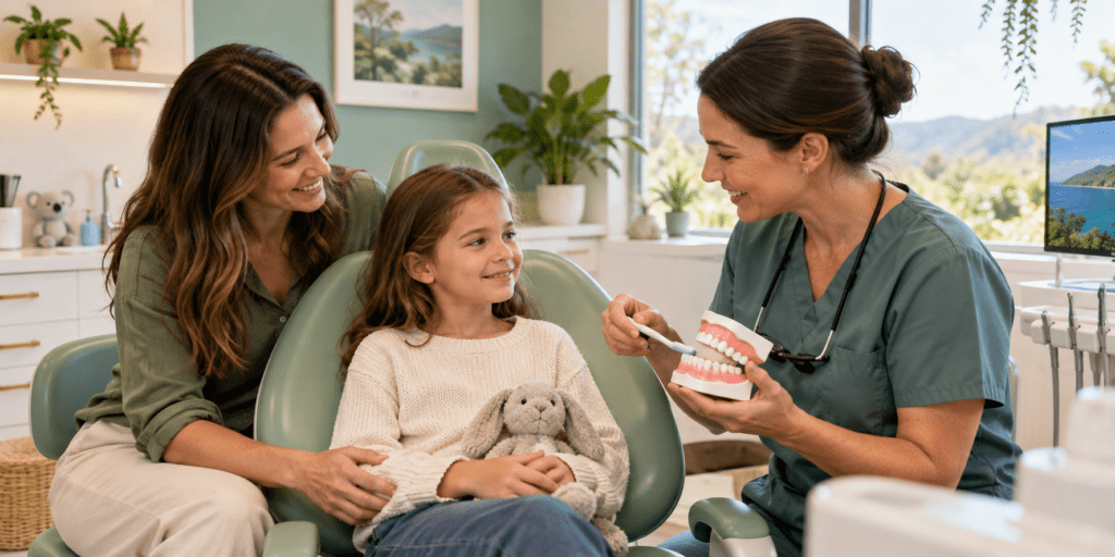 Parent and child preparing for a first filling with a friendly dentist in Pomona