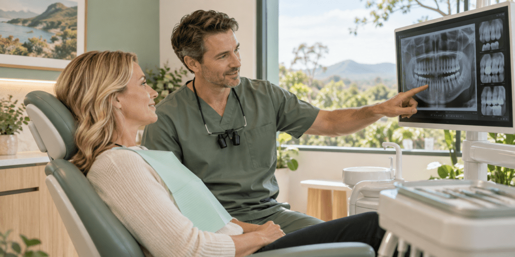 Dentist explaining a digital dental X-ray to a patient in a Pomona clinic