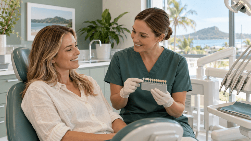 Dentist showing a tooth shade guide during a professional whitening consultation in Pomona