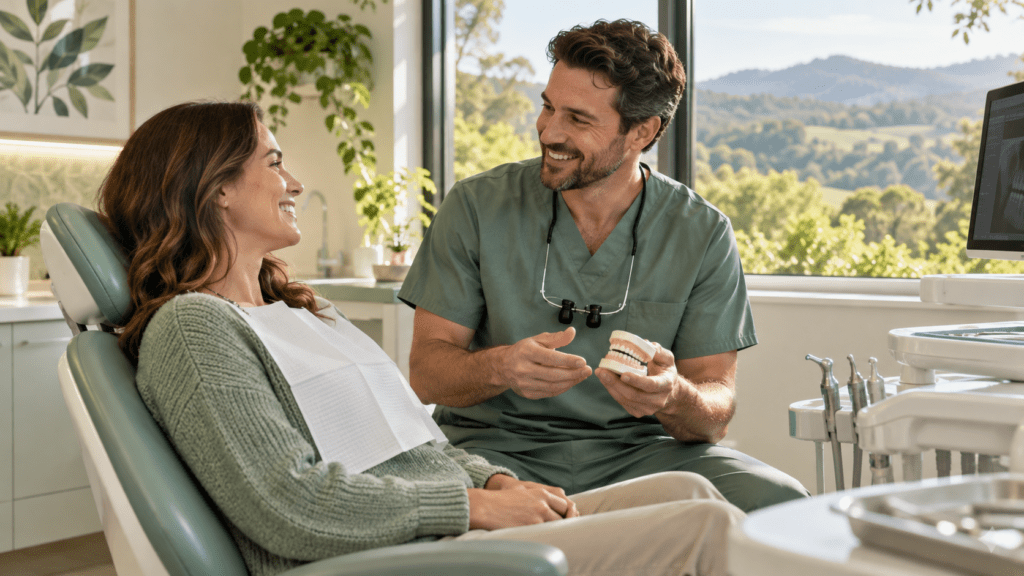Friendly dentist consulting with a patient in a Pomona clinic near Amamoor