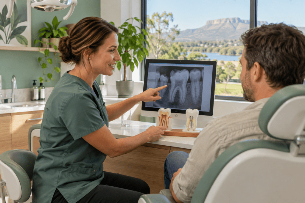 Dentist and patient reviewing root canal or extraction options in a Pomona dental clinic
