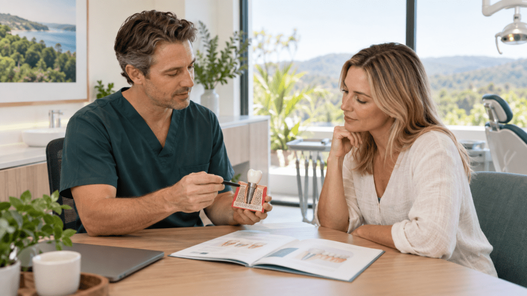 Dentist explaining dental implant treatment costs to a patient in a bright Pomona dental clinic